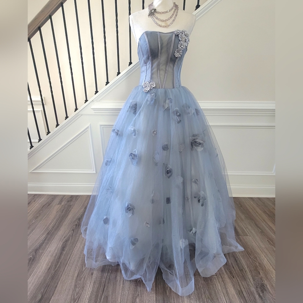 Veaul Chic Beautiful Shadow Blue Tulle Ball Gown, Detachable Sleeves Sz-4/6